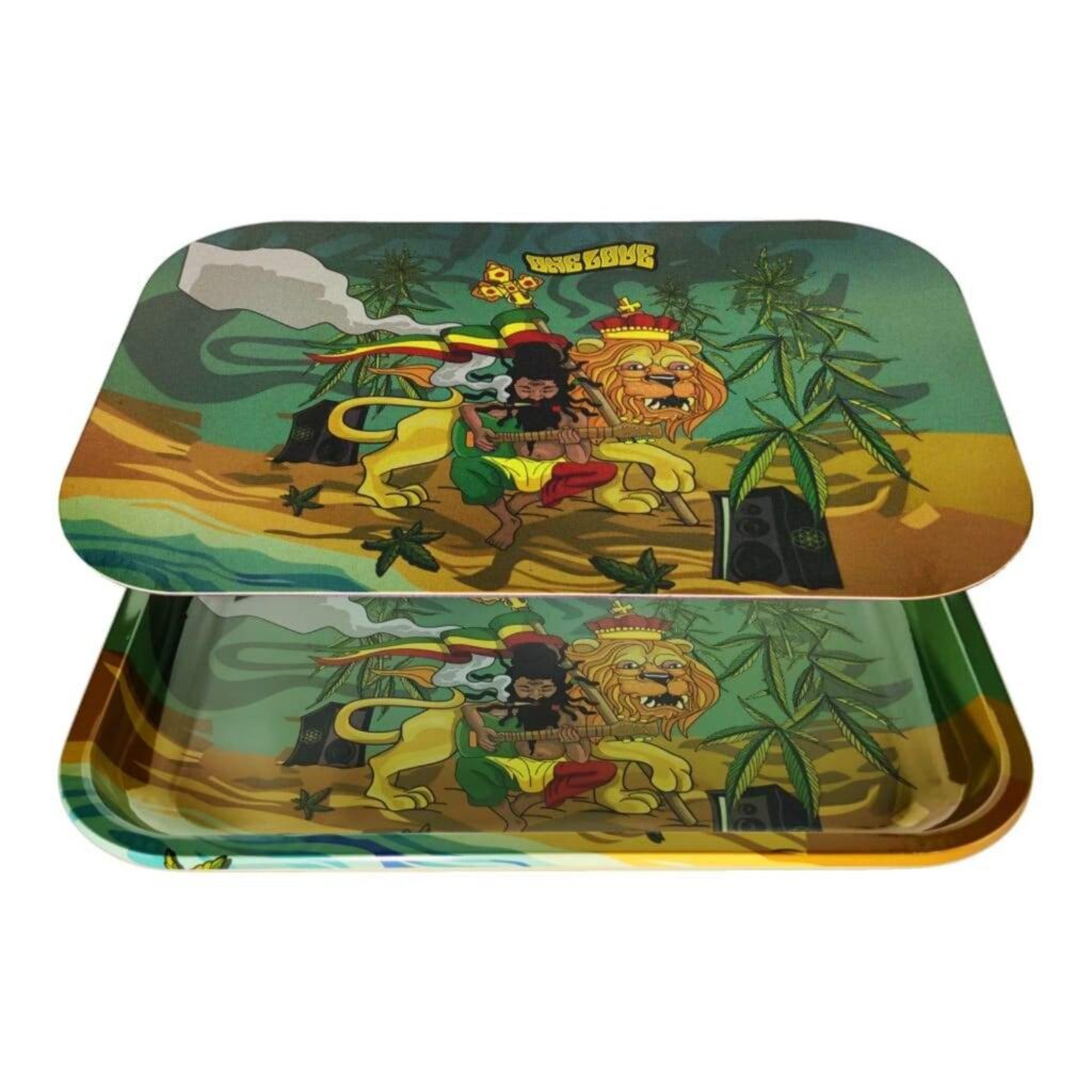 Rasta Metal Rolling Tray with Iconic Rastafarian Scene one Love Design