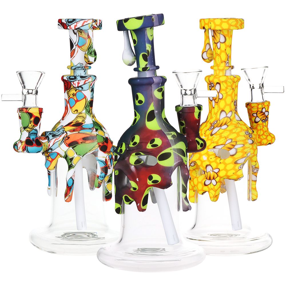 Masked Silicone & Glass Water Pipe – 7.5″ / 14mm F / Designs Vary