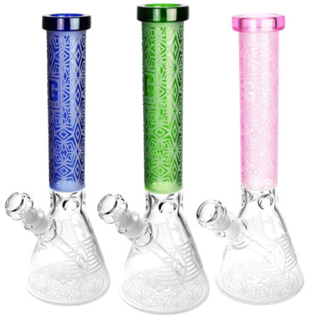 Deco Diamond Etched Beaker Water Pipe - 14.5"/14mm F/Colors Vary