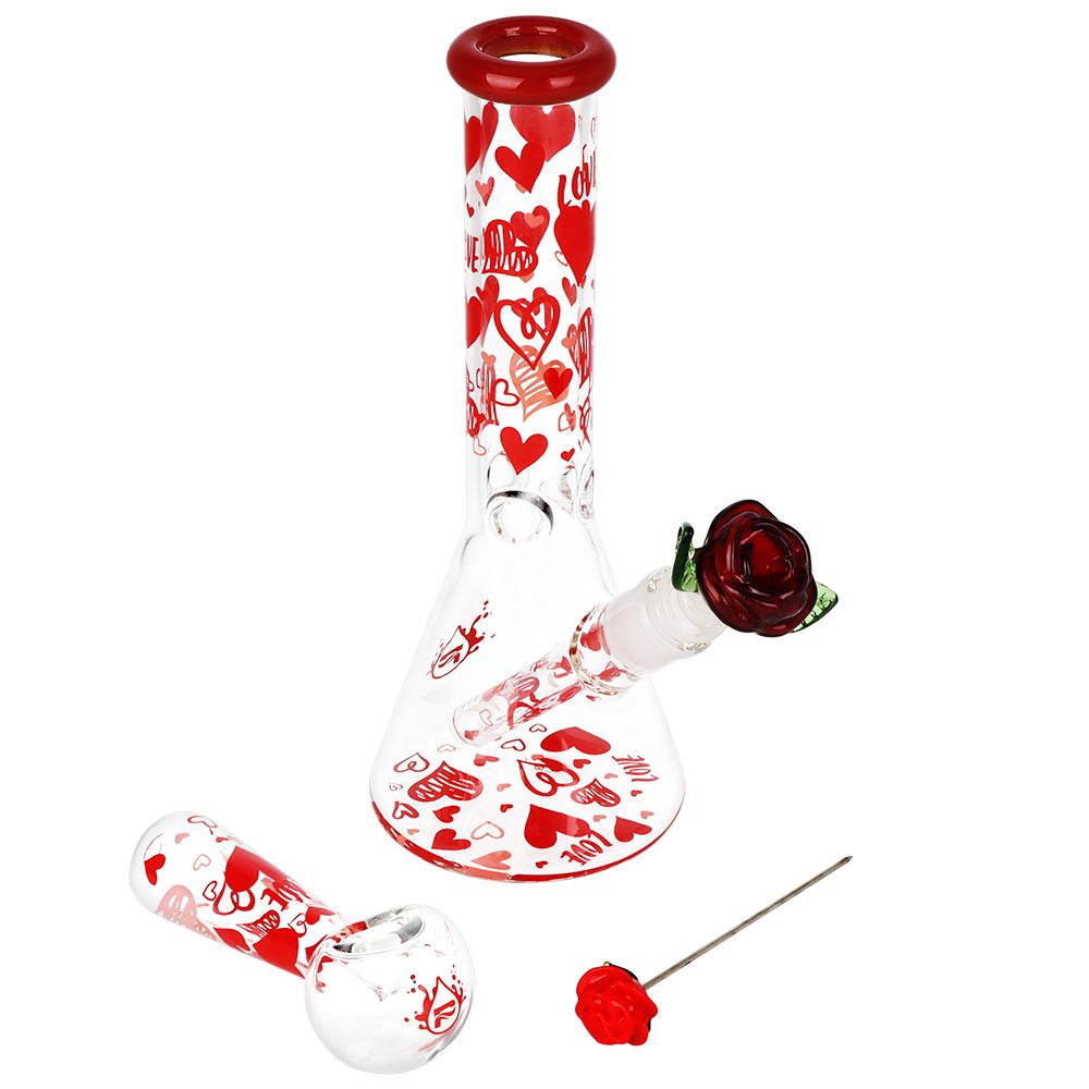Pulsar Valentine’s Hearts ‘n’ Roses Glass Herb Pipe Duo – 10″ / 14mm F