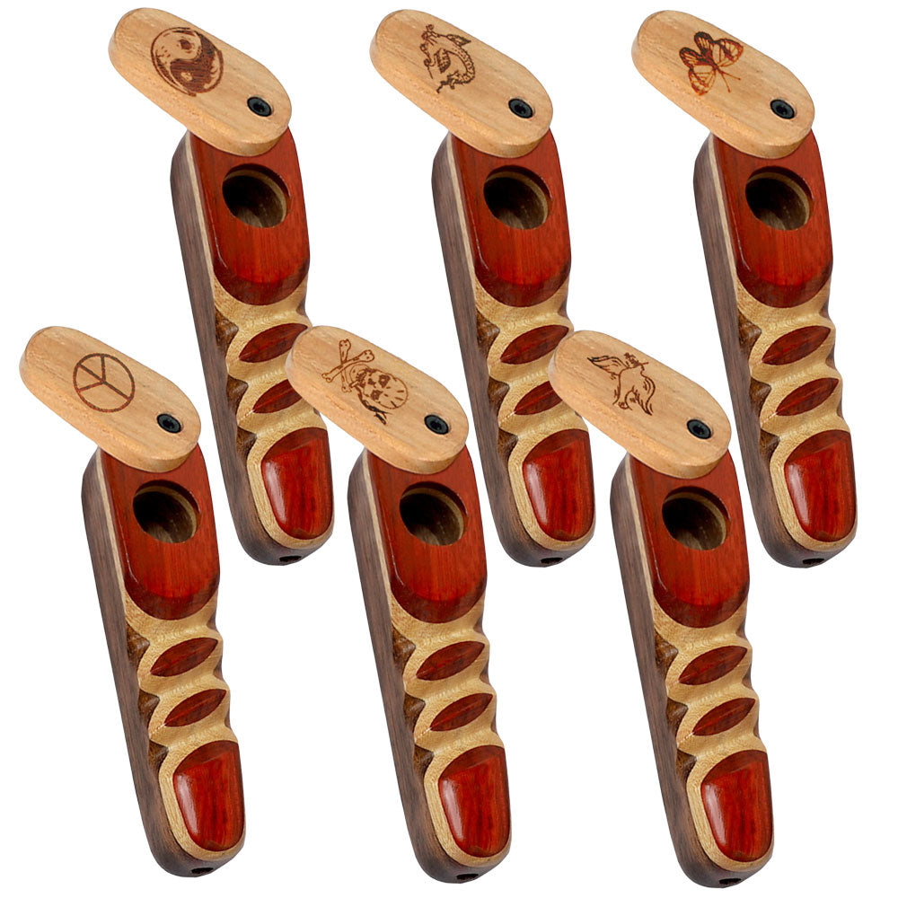 Wood Spoon Pipe w/ Engraved Swivel Lid – 3.75″ / Styles Vary
