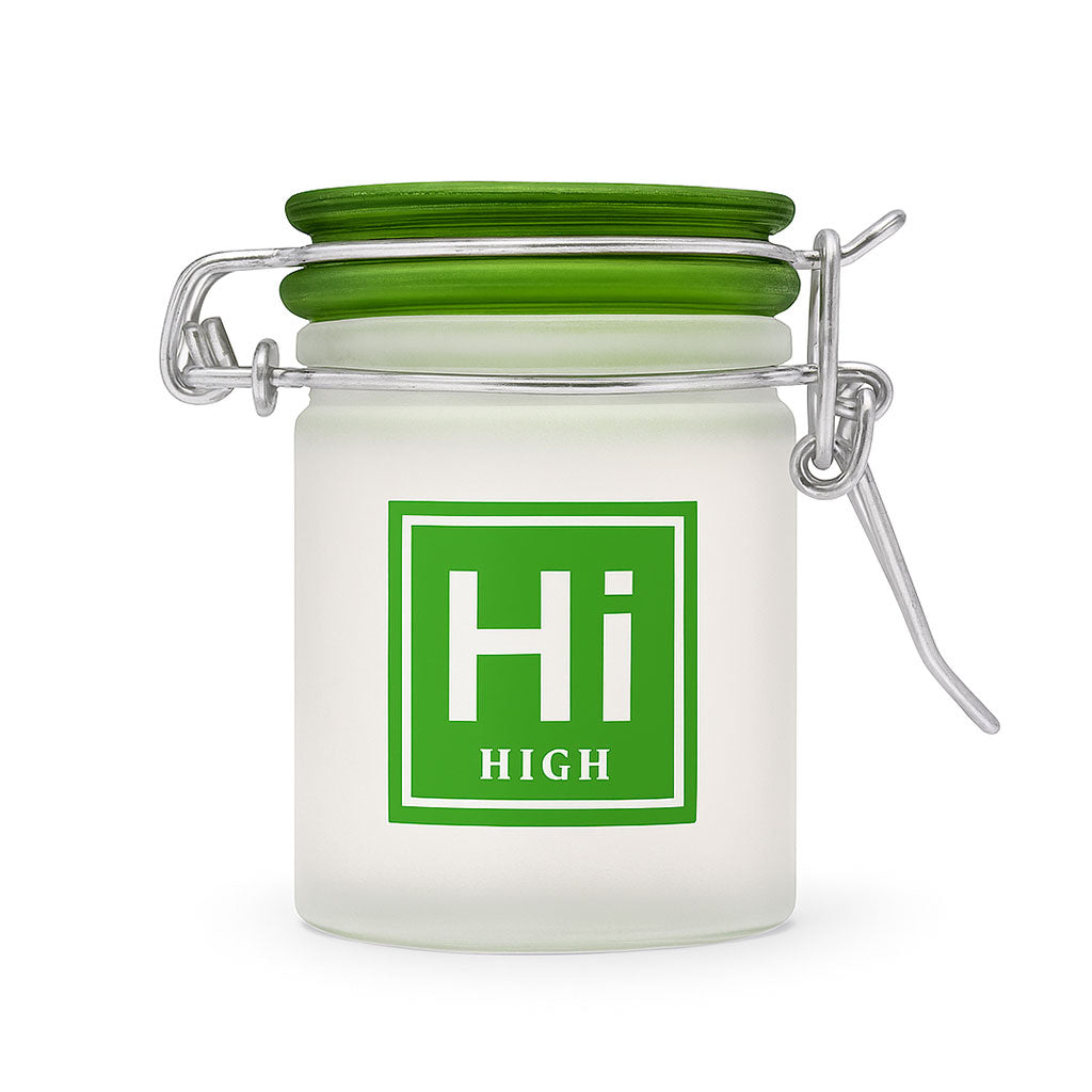 FROSTED GLASS “HI” PERIODIC SYMBOL STASH JAR