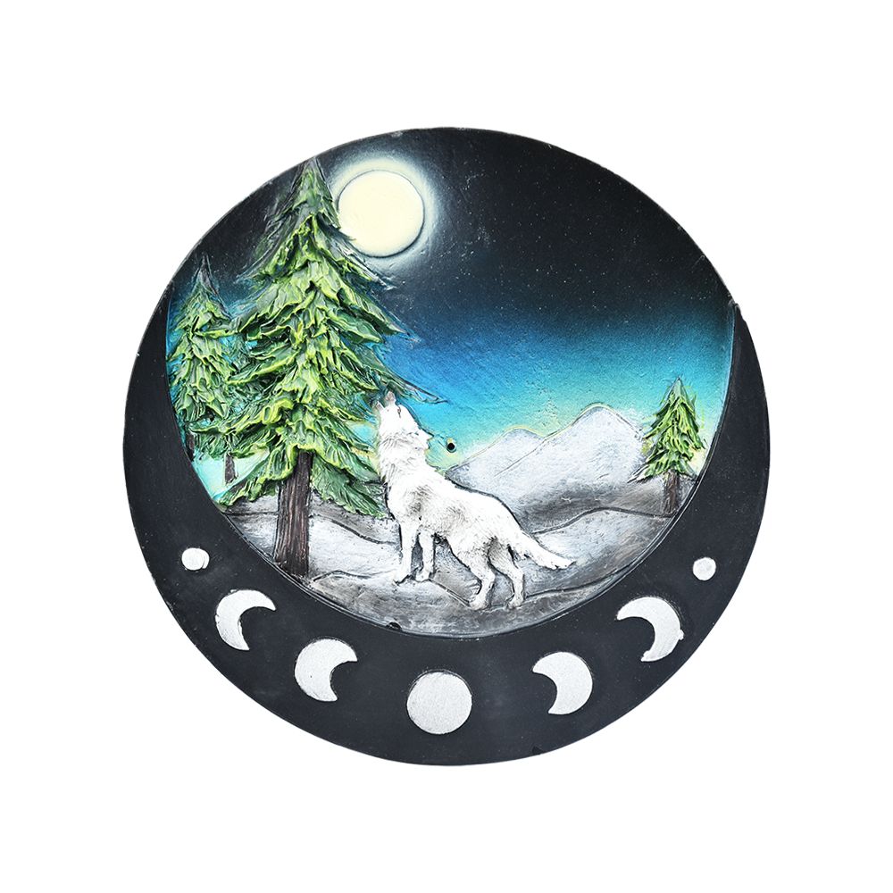 Lone Wolf Polyresin Round Incense Burner – 4.8″
