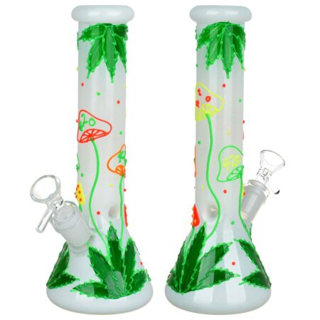 Hemp Leaf & Shrooms Glow In The Dark Bong – 9.5″ / 14mm F