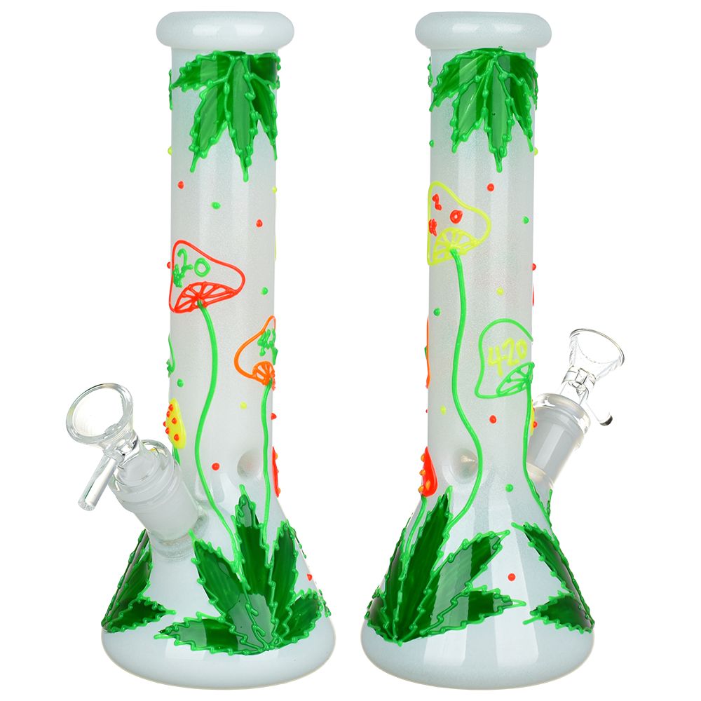 Hemp Leaf & Shrooms Glow In The Dark Bong – 9.5″ / 14mm F