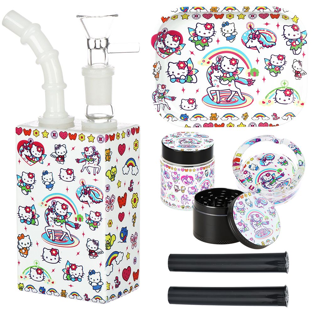 Hello Kitty Juicebox Glass Water Pipe Smoker’s Travel Kit – 7″ / 14mm F / Unicorn Kitty