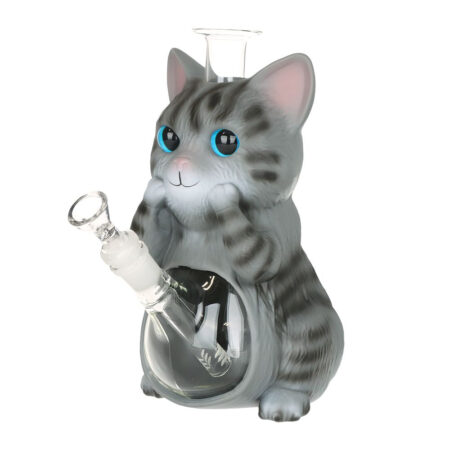 Grey Tabby Cat Glass & Vinyl Water Pipe - 9"