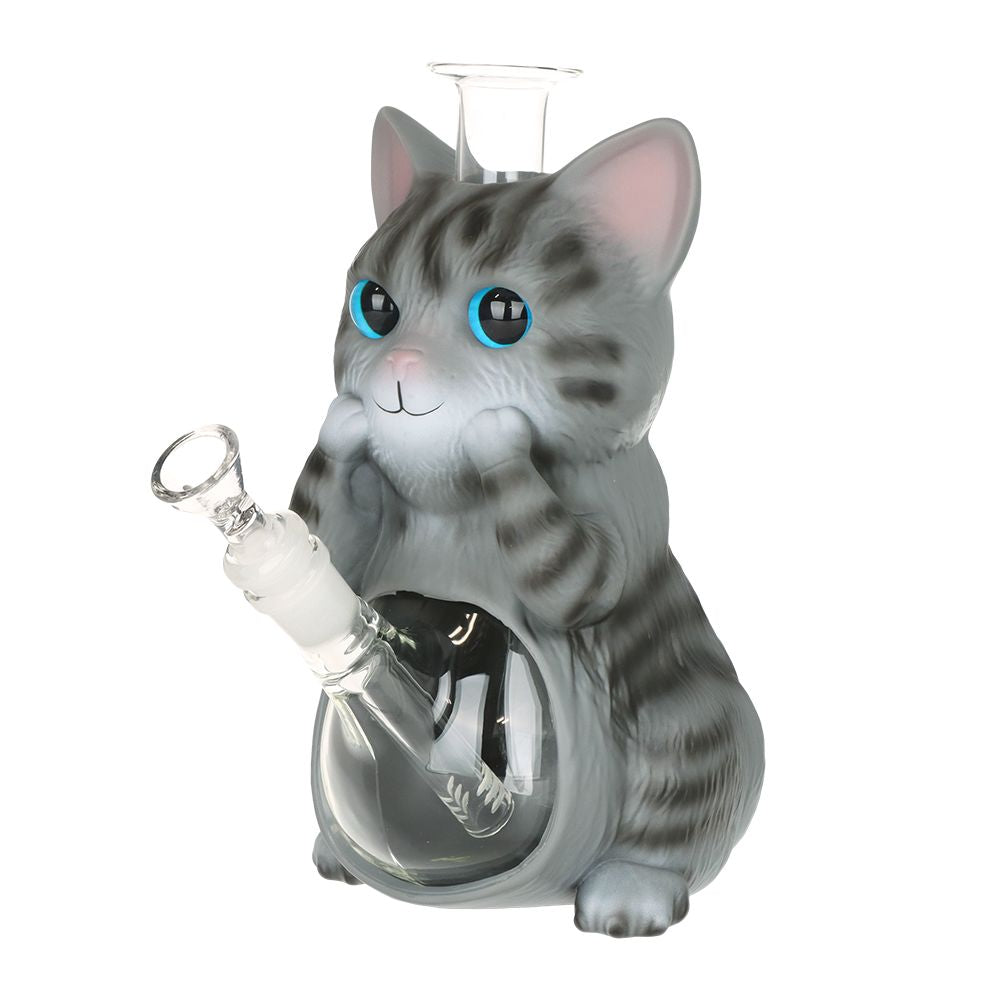 Grey Tabby Cat Glass & Vinyl Water Pipe – 9″