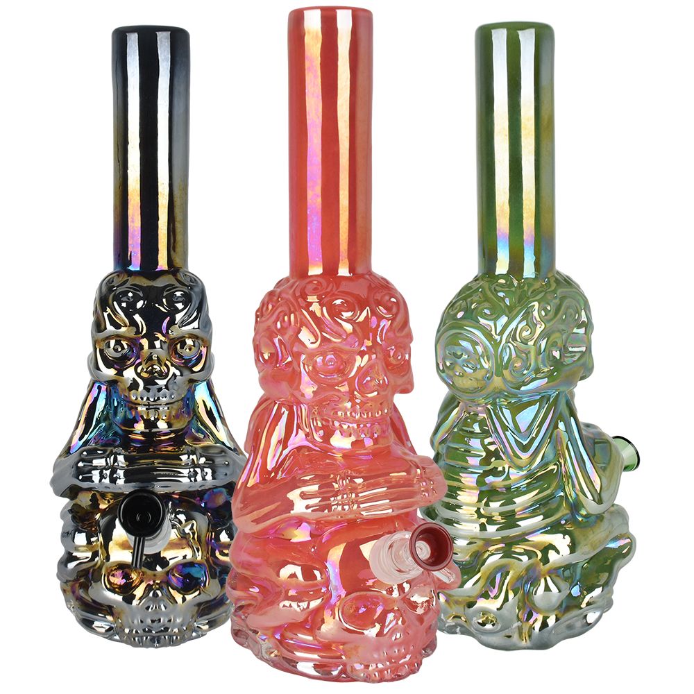 Iridescent Crouching Skeleton Soft Glass Water Pipe – 13.5″