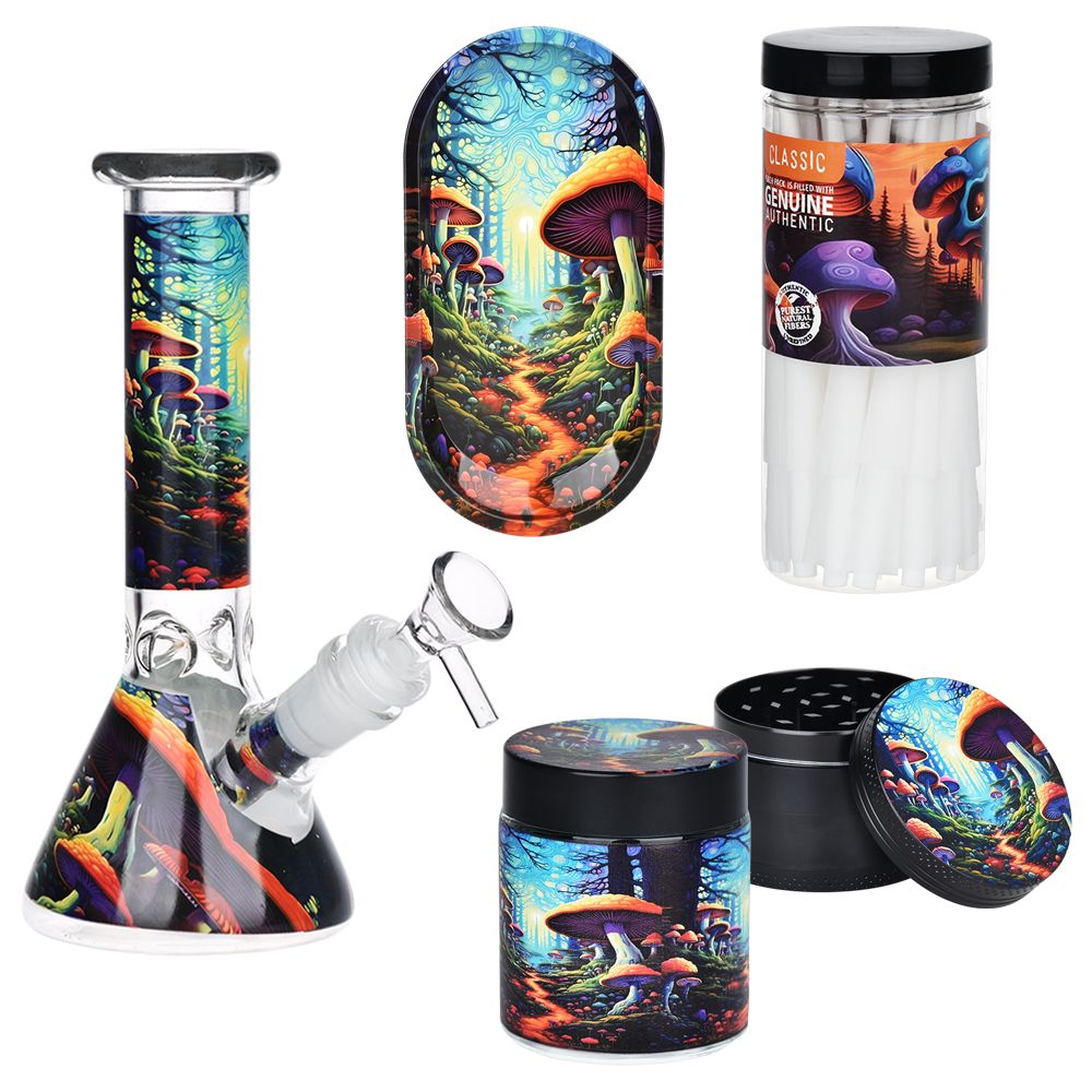 Mushroom Forest Glass Beaker Water Pipe Smoking Set – 7.75″