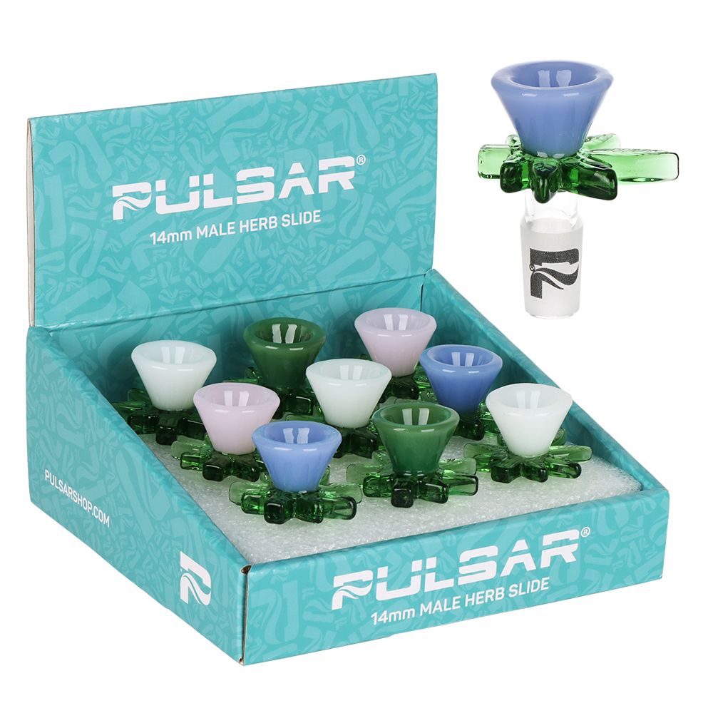 9CT DISPLAY – Pulsar Hemp Leaf Glass Herb Slide – 14mm M / Assorted Colors