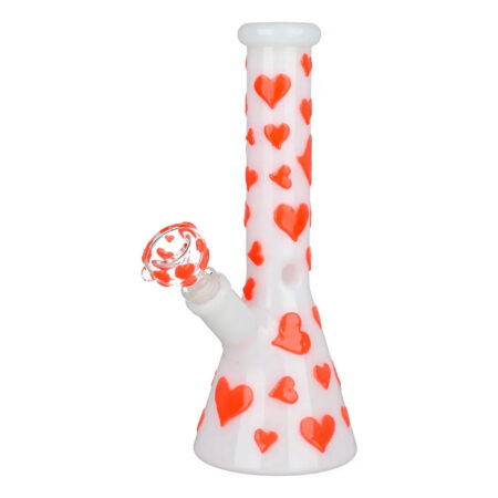 White Glass Water Pipe with Red Hearts and Glow Accents