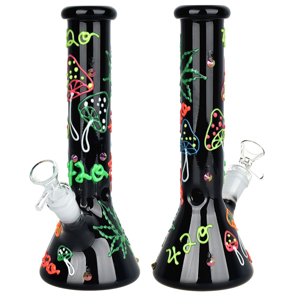 Hemp Leaf Glow In The Dark Beaker Glass Bong – 9.25″ / 14mm F