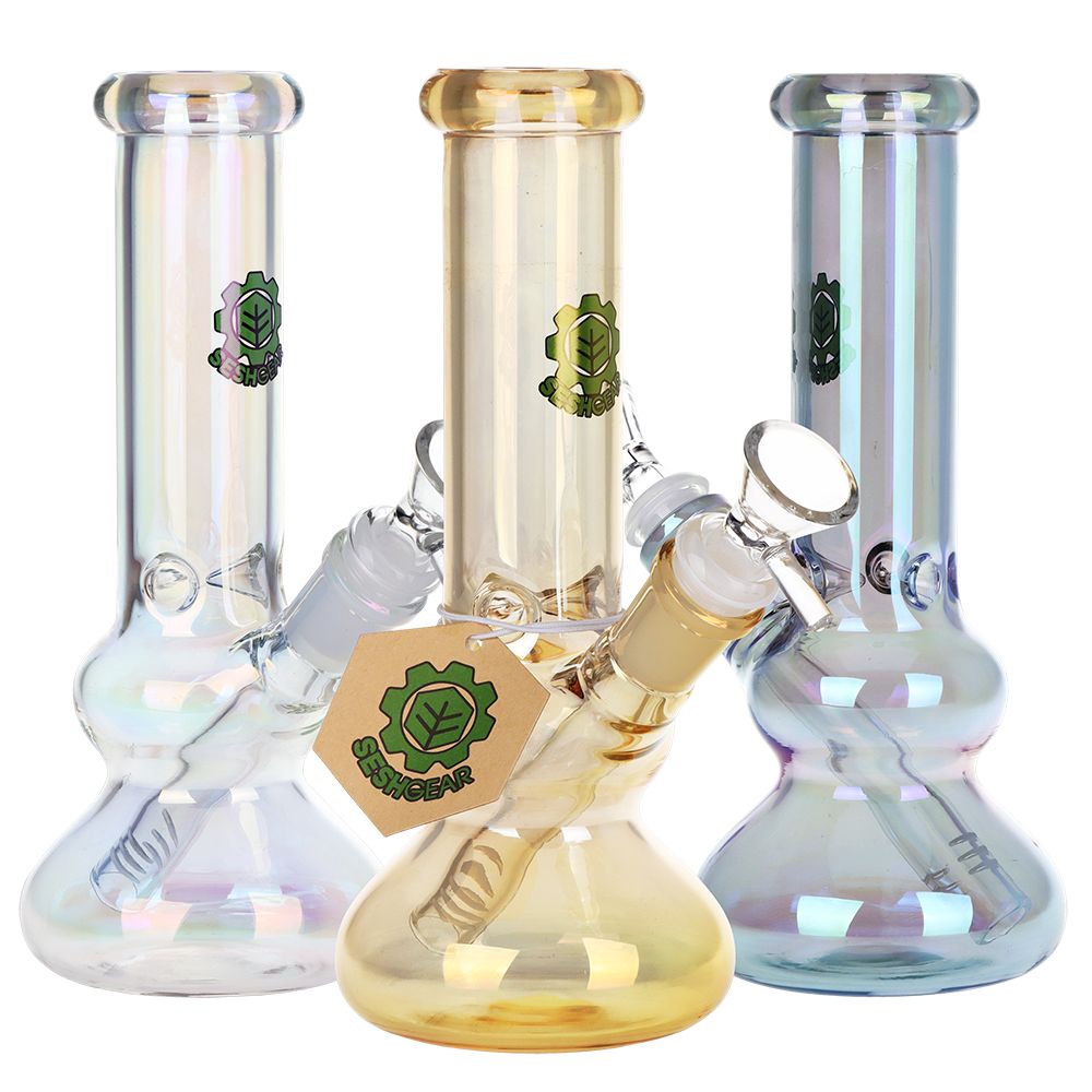 SeshGear Double Bubble Electroplated Glass Water Pipe – 8″ / 14mm F / Colors Vary