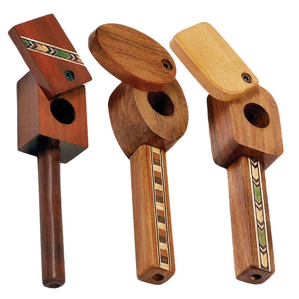 Marquee Inlaid Wood Spoon Pipe w/ Swivel Lid- 4″/Styles Vary