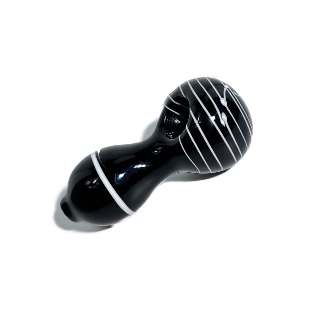 Solid Black Spoon Pipe with White Stripes and Twisted Handle