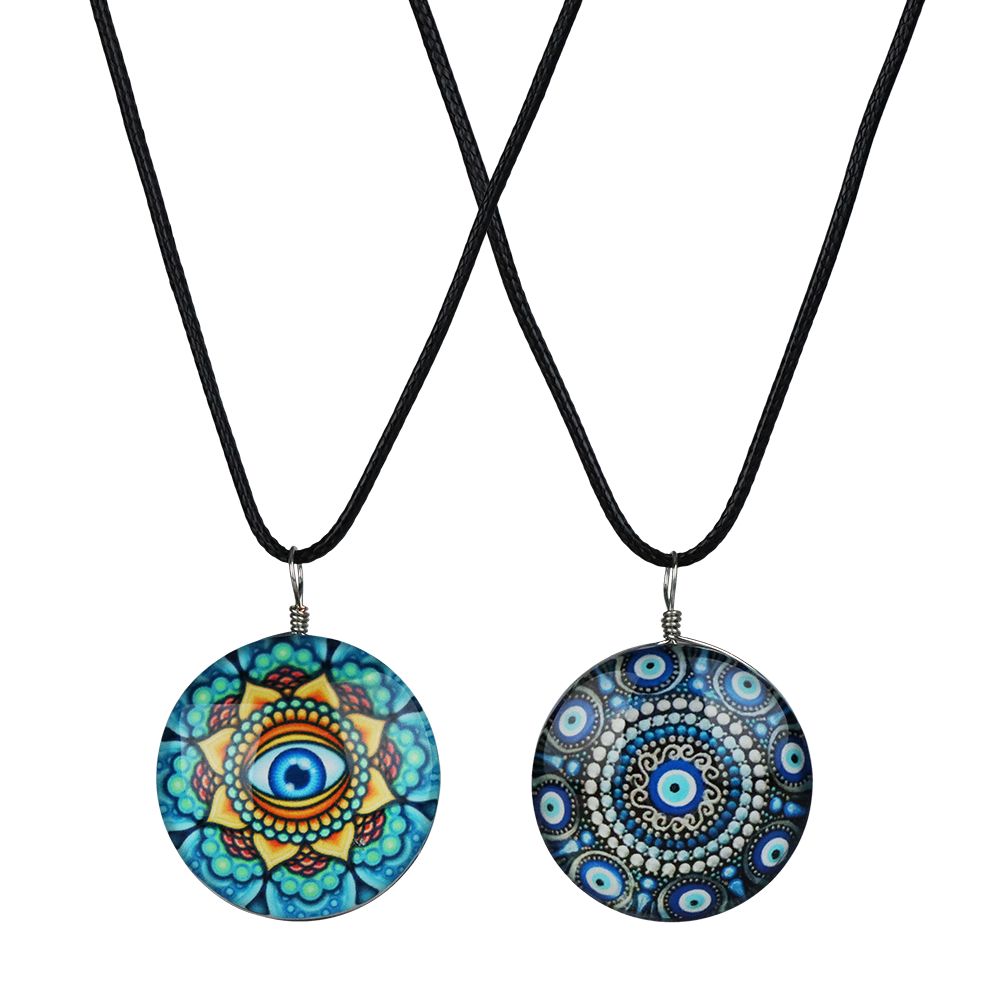Eye Mandala Round Glass Pendant Necklace – 18″ / Designs Vary