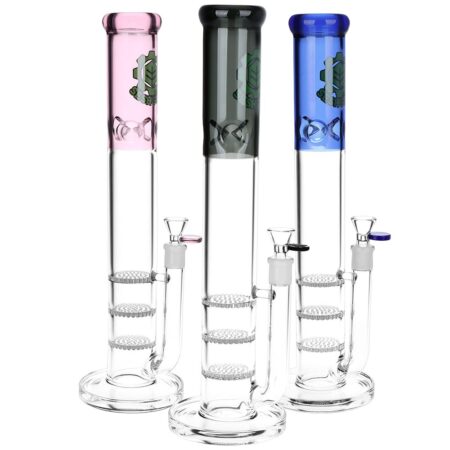 SeshGear Triple Honeycomb Perc Straight Tube Water Pipe – 15″ / 14mm F / Colors Vary