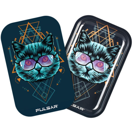 Pulsar Metal Rolling Tray w/ 3D Lid - 11"x7" / Sacred Cat Geometry Glow