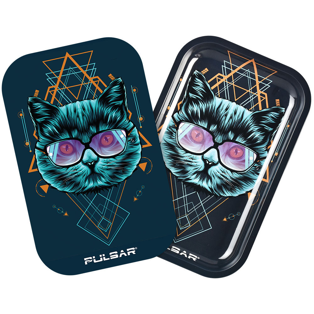 Pulsar Metal Rolling Tray w/ 3D Lid – 11″x7″ / Sacred Cat Geometry Glow