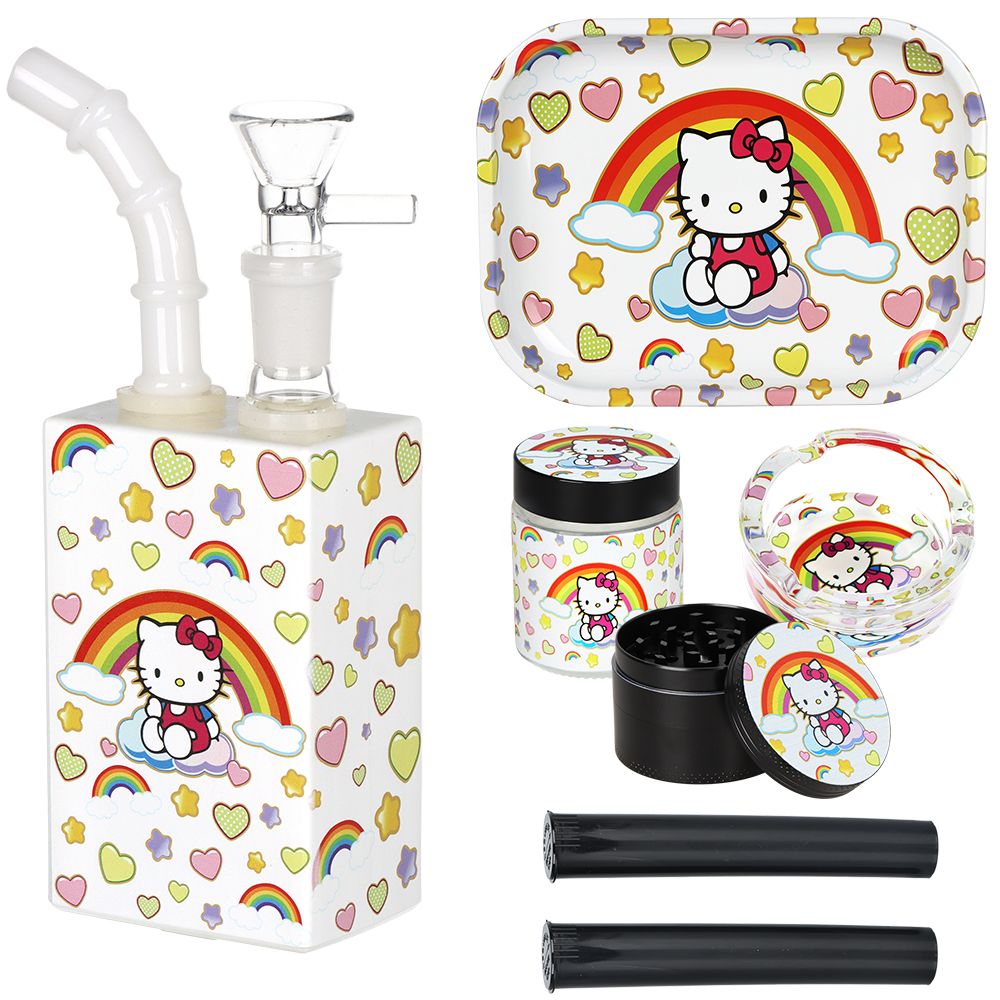 Hello Kitty Juicebox Glass Water Pipe Smoker’s Travel Kit – 7″ / 14mm F / Rainbow Kitty