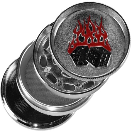 4-part Metal Grinder with Iconic Symbols Including Flaming Dice