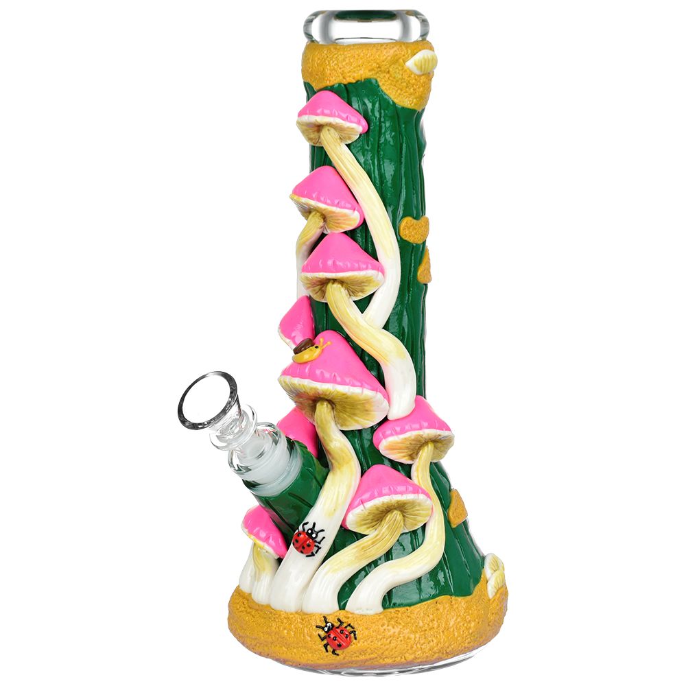 Mushroom Madness Glow in Dark Glass Beaker Water Pipe – 10″ /14mm F/ Colors Vary