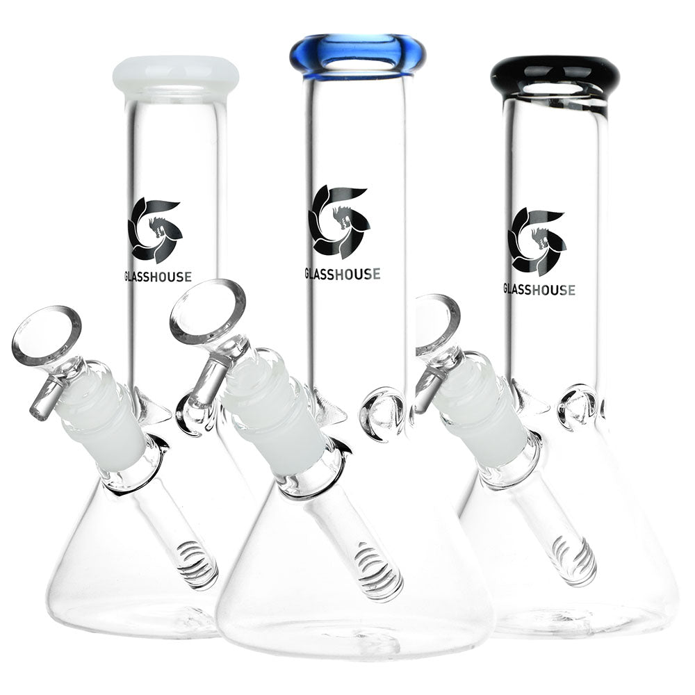 Glass House Pinched Beaker Glass Water Pipe – 7.75″ / 14mm F / Colors Vary