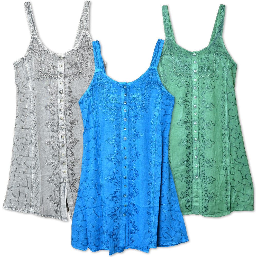 ThreadHeads Embroidered Buttoned Acid Wash Strap Dress – One Size / Colors Vary