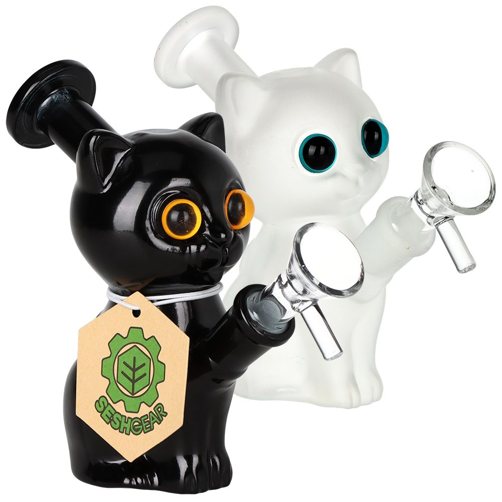 2PC SET – SeshGear Mesmorizing Kitty Glass Water Pipe  – 4.75″ / 14mm F / Assorted Colors