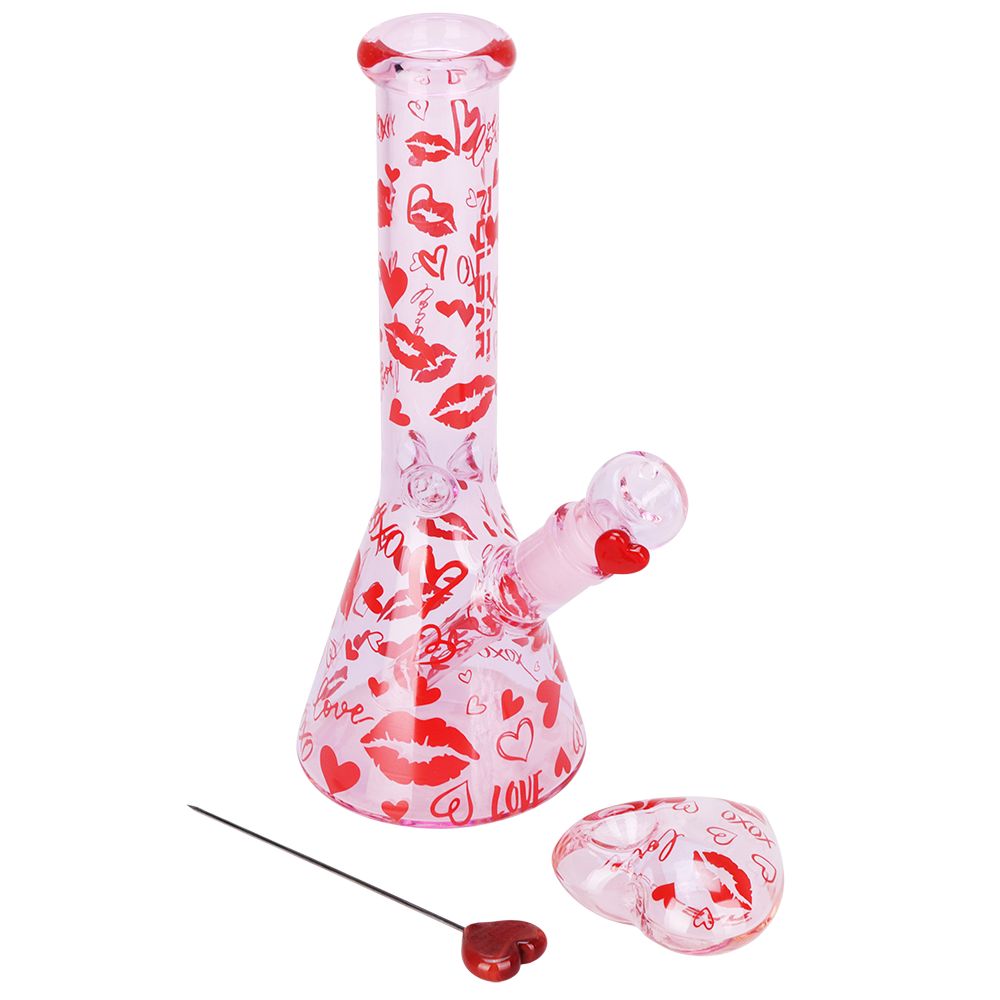 Pulsar Valentine’s XOXO Glass Beaker Water Pipe & Hand Pipe Set – 10″ / 14mm F