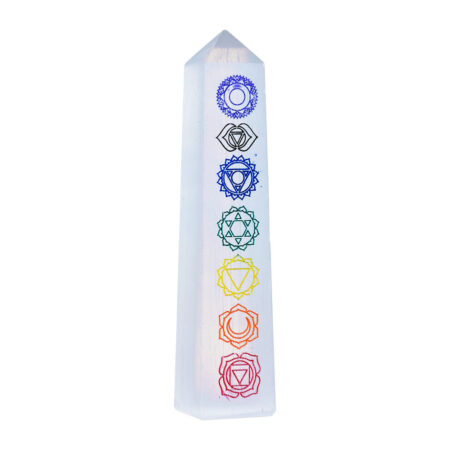 Chakra Symbols Selenite Crystal Obelisk - 4.5"