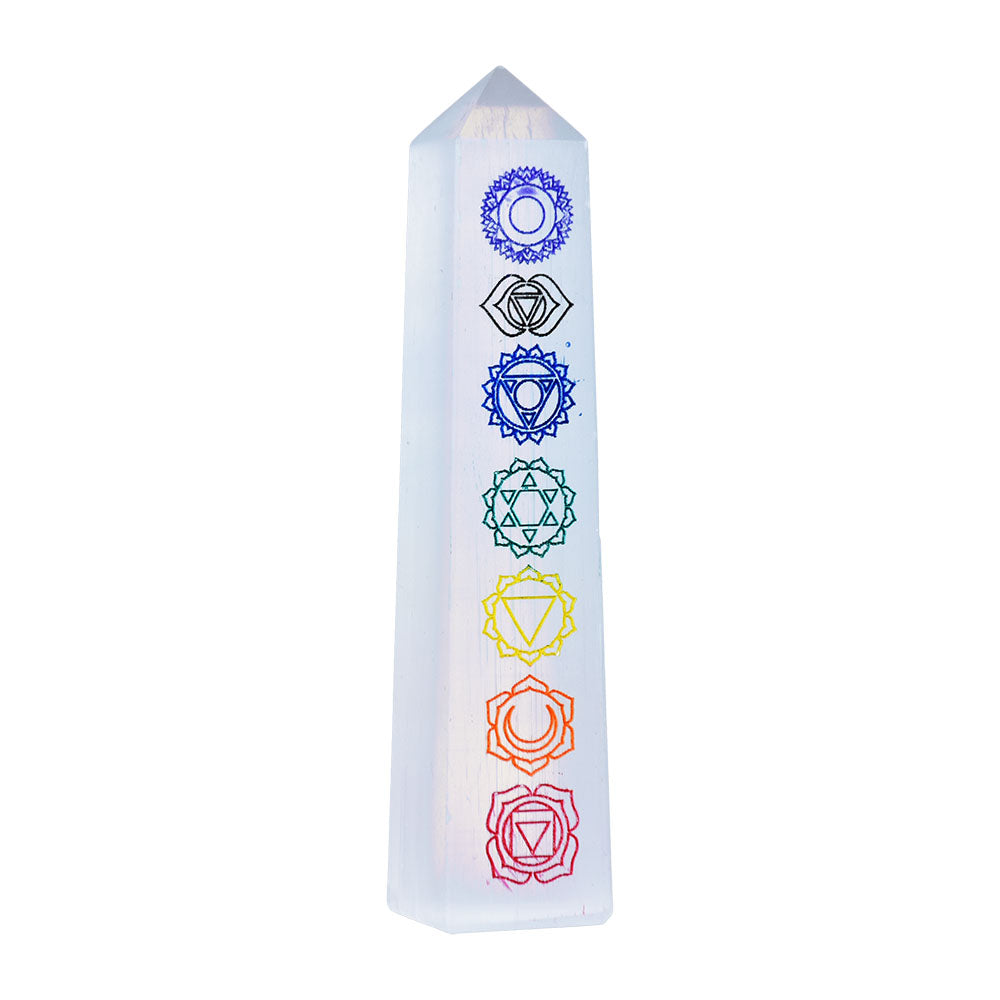 Chakra Symbols Selenite Crystal Obelisk – 4.5″