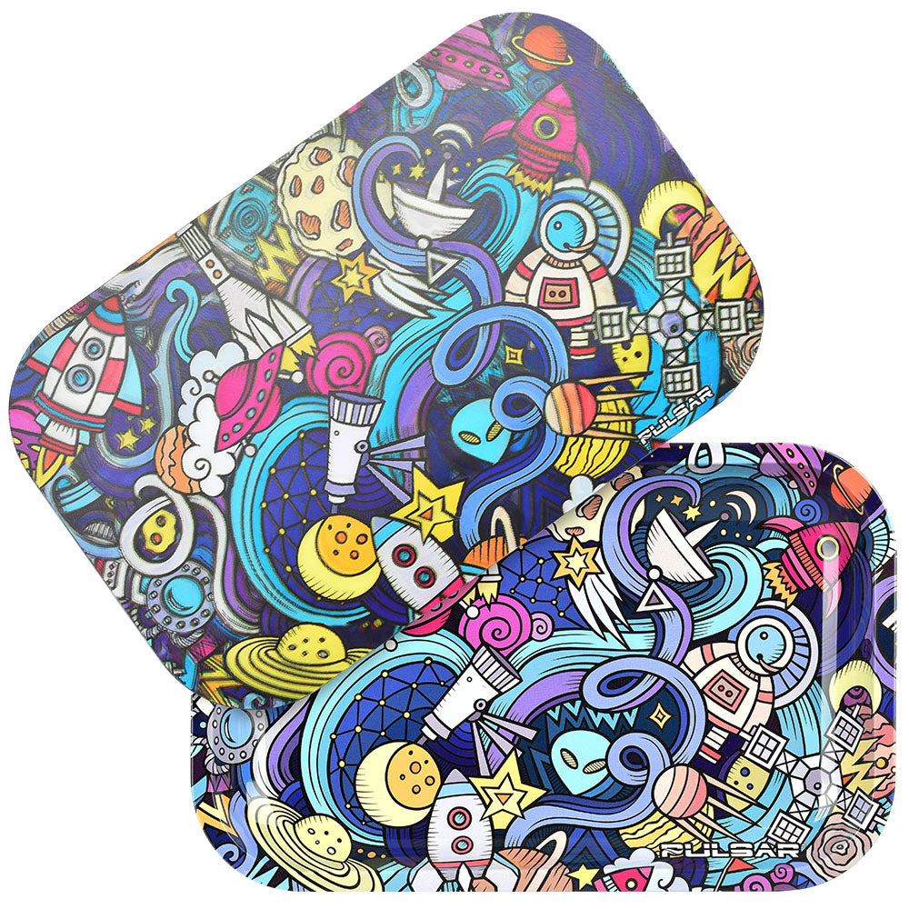 Pulsar Metal Rolling Tray w/ 3D Lid  – 11″x7″/Space Junk