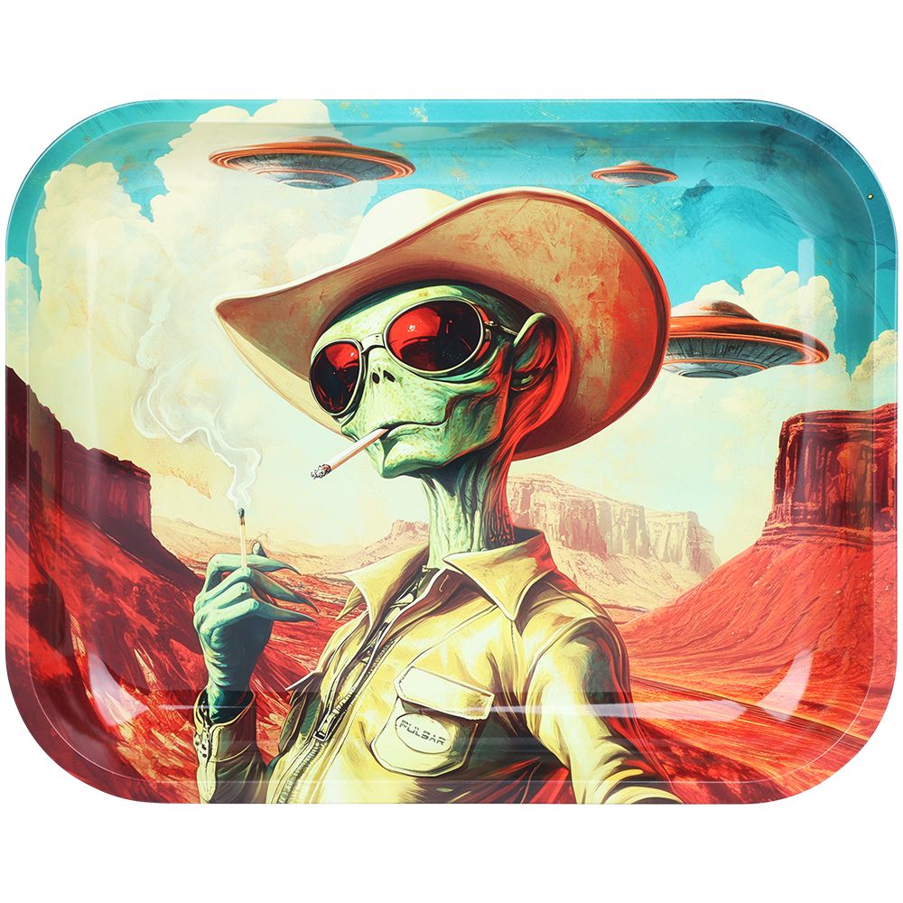 Pulsar Design Series Large Metal Rolling Tray – Cowboy Alien / 13″x11″