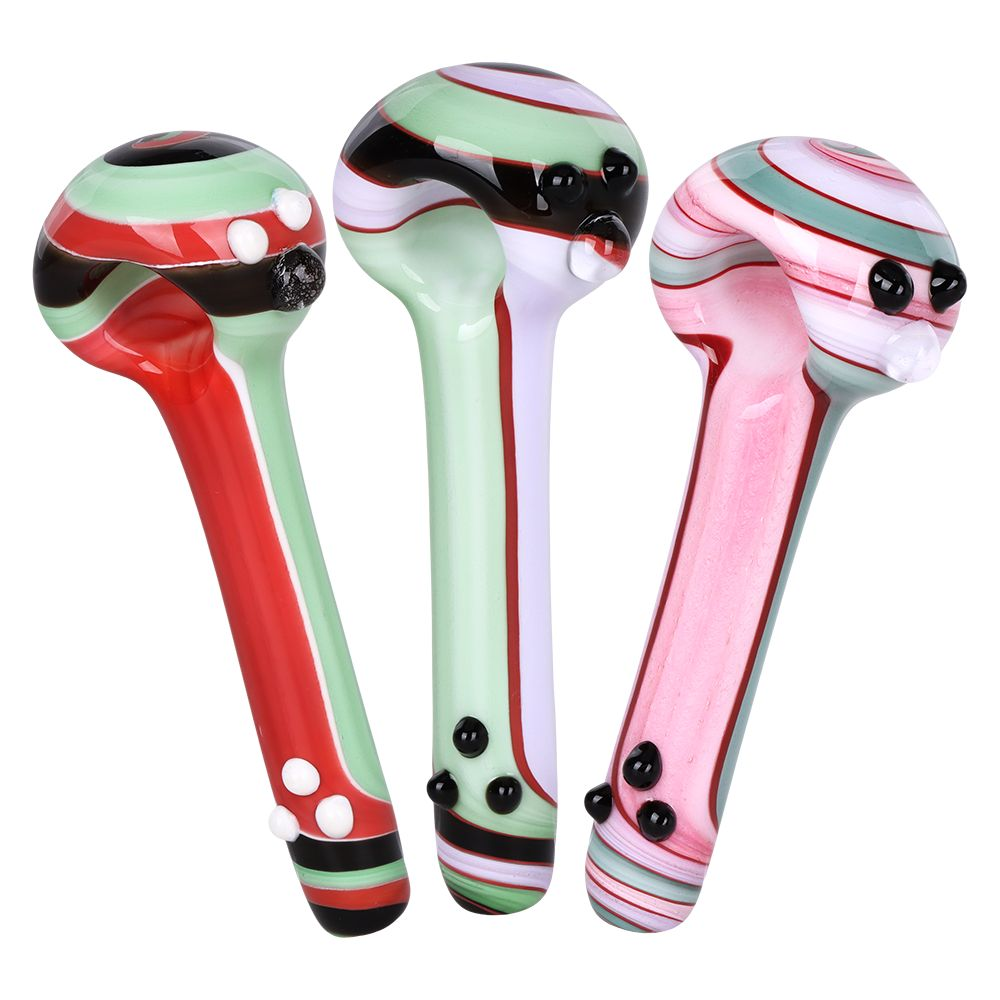 4CT BUNDLE – Cream Stripes w Marbles Glass Spoon Pipe – 4.75″ / Assorted Colors