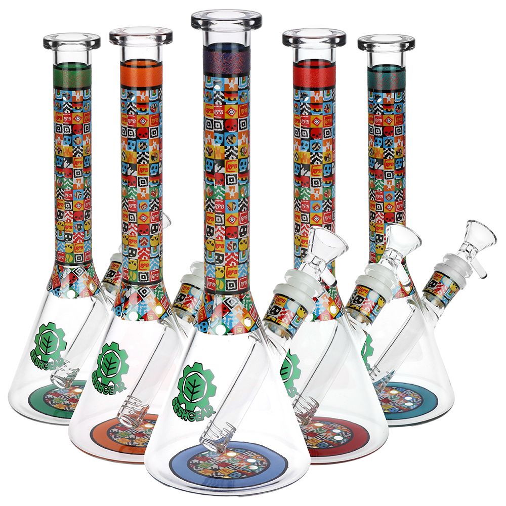 SeshGear Icon Blocks Pattern Beaker Glass Water Pipe – 10″ / 14mm F / Colors Vary
