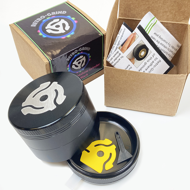 LED Light Show Herb Grinder ~ Magnetic Lid, 4 Pieces with Screen Catcher, Let our fun 2.5″ Black Retro-Grind light up your daily grind!