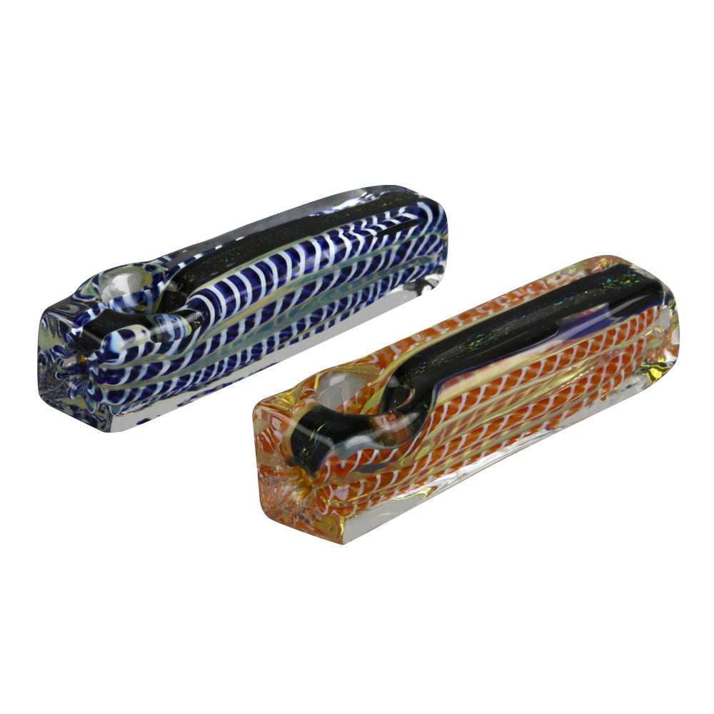 Dichroic Striped Obelisk Hand Pipe – 3.5″/ Colors Vary