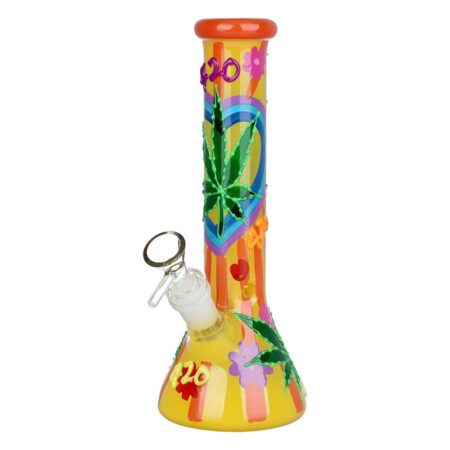 Hemp Leaf Glow In The Dark Beaker Glass Bong - 9.25"
