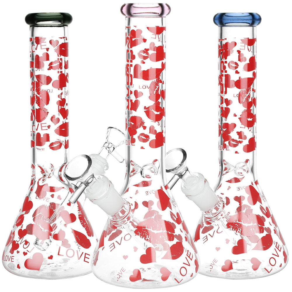 Pulsar Hearts and Kisses Glass Beaker Water Pipe – 9.75″ / 14mm F / Colors Vary