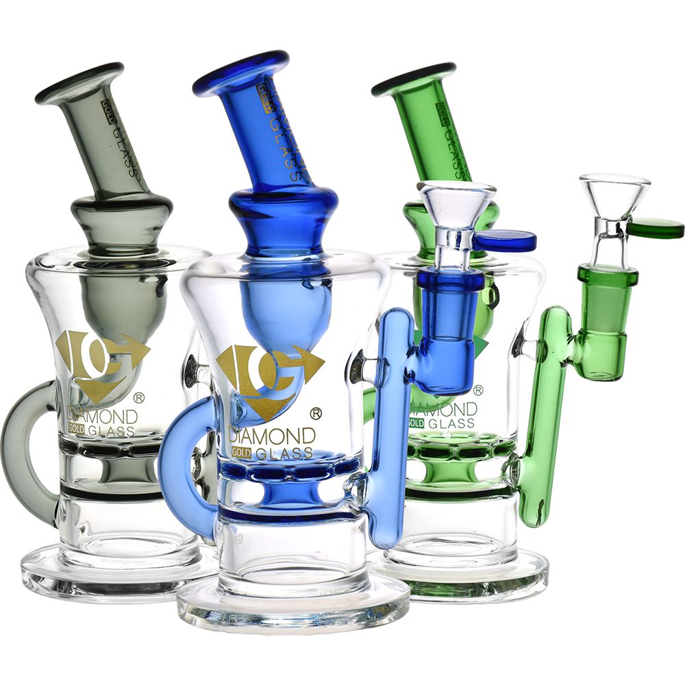 Diamond Glass Gold Ratchet Perc Recycler Water Pipe – 7.75″ / 14mm F