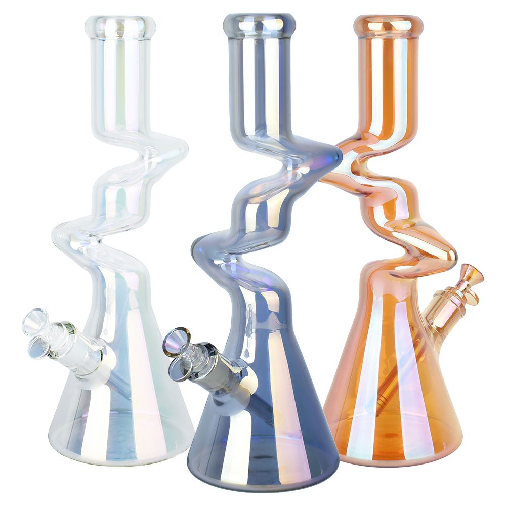 Twisty Tunnel Electroplated Glass Water Pipe – 14.75″ / 14mm F / Colors Vary