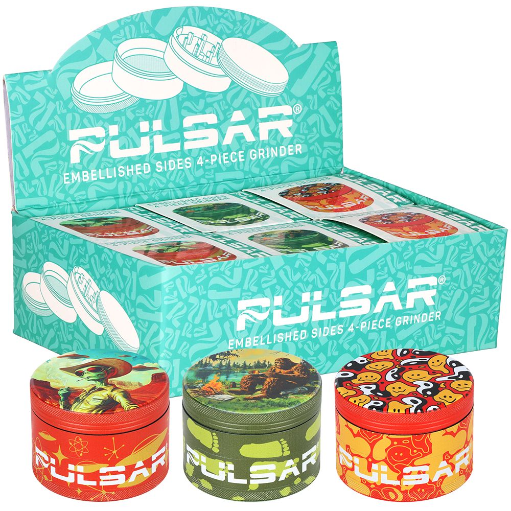 6CT DISPLAY – Pulsar Design Series Aluminum Grinder V2 – 4pc / 2.5″ / Assorted Designs