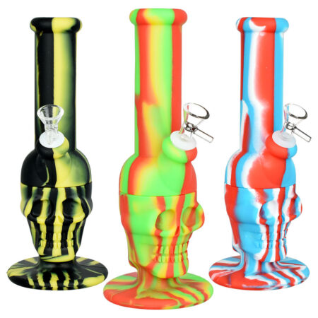 Sinfully Smiling Skull Silicone Water Pipe – 11″ / 14mm F / Colors Vary