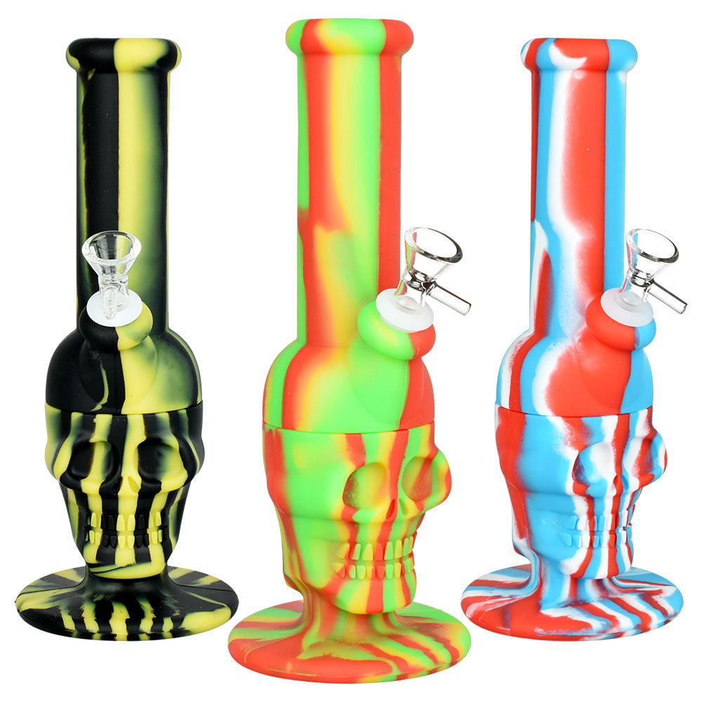Sinfully Smiling Skull Silicone Water Pipe – 11″ / 14mm F / Colors Vary