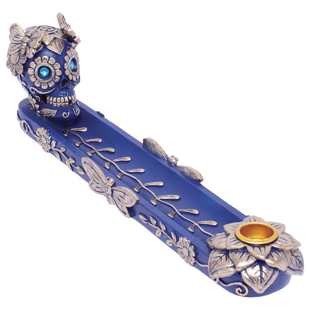 Fujima Golden Blue Skull & Butterfly Stick & Cone Incense Burner – 11″