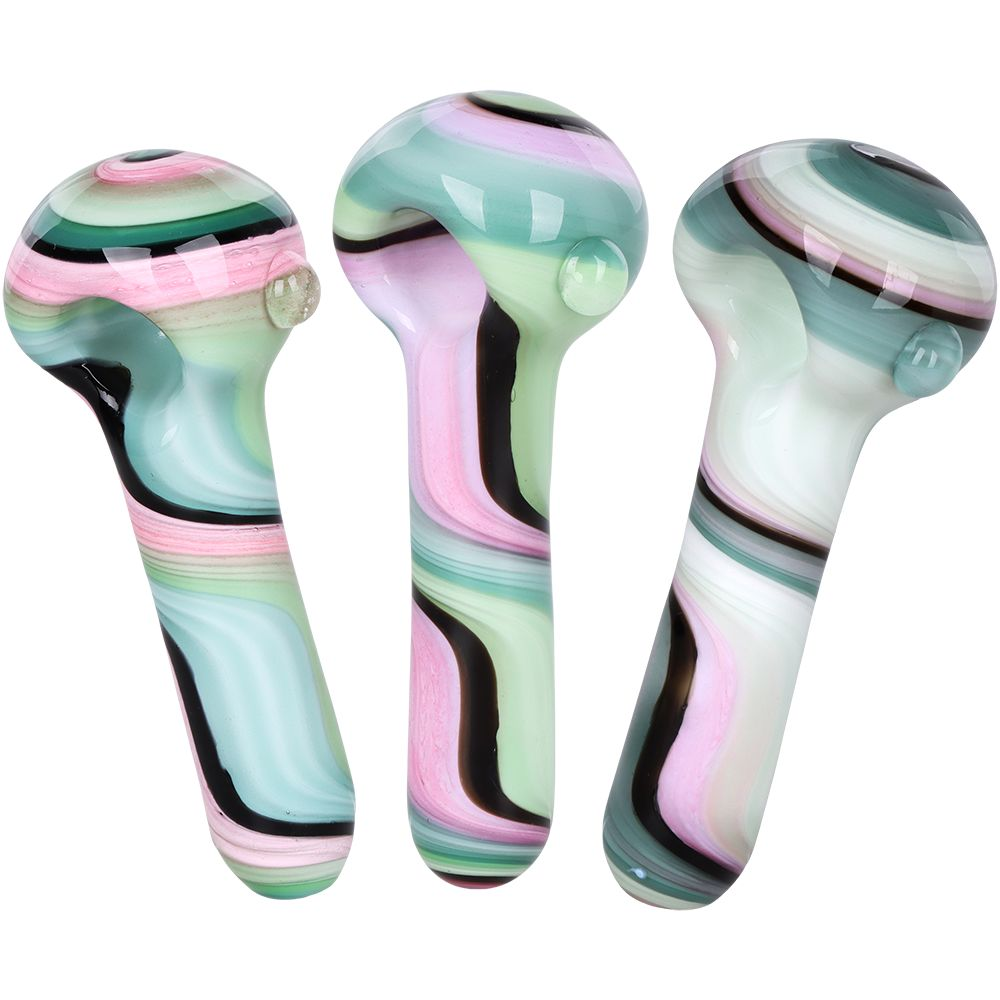 3CT BUNDLE – Heady Ribbons Glass Spoon Pipe w Marble – 4″ / Assorted Colors