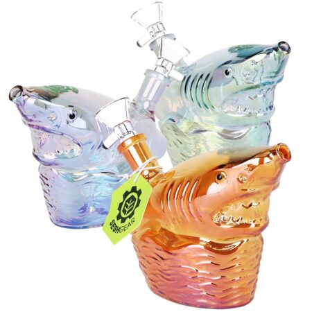 Seshgear Shark Attack Electroplated Glass Water Pipe – 5.5″ / 14mm F / Colors Vary