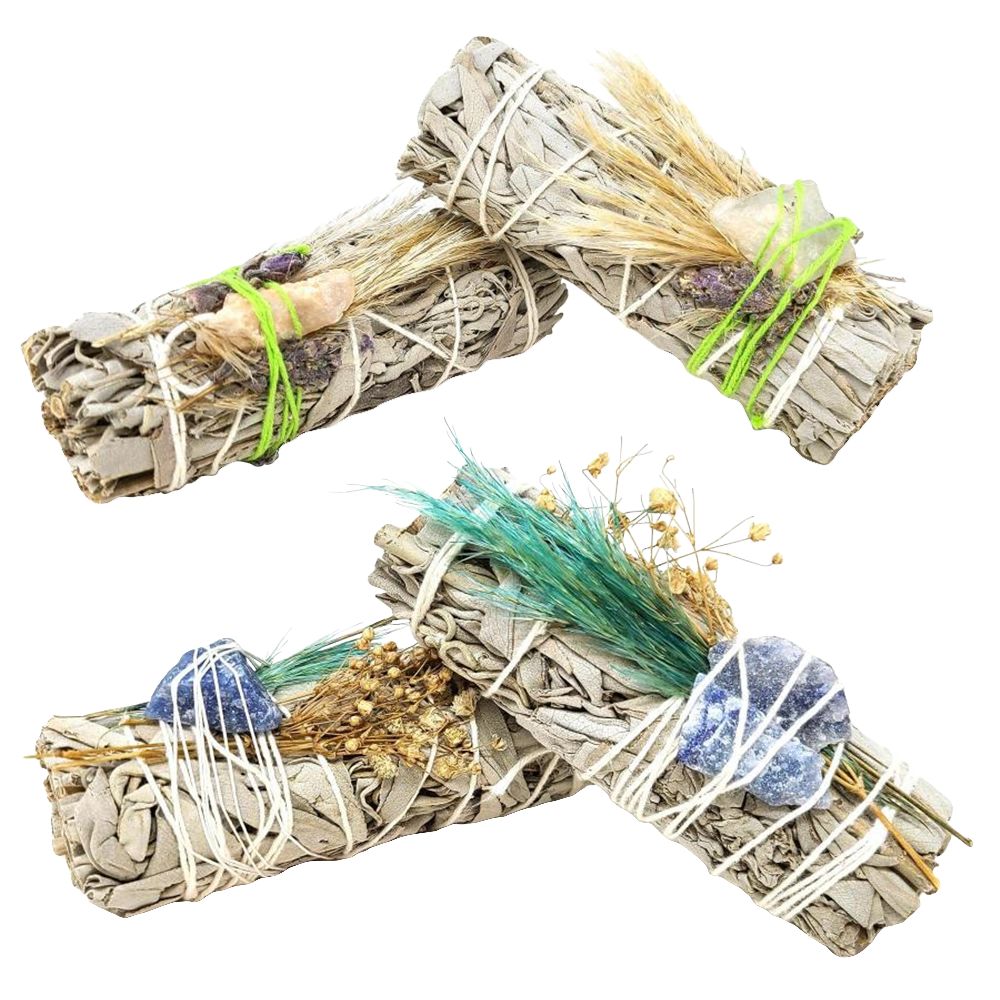 White Sage Floral Smudge Stick & Crystal Stone Bundle | 4″